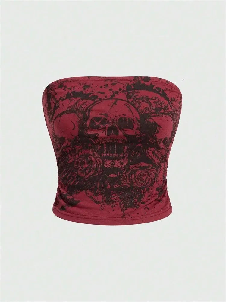 Top de tubo con estampado de calavera y hombros descubiertos para mujer, ropa gótica Sexy Y2K, Top corto ajustado, ropa de calle para discoteca