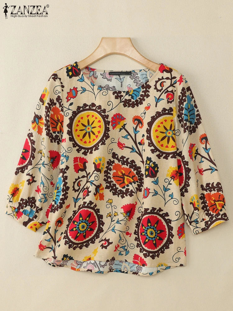 Blusa Retro para Mujer | Estampado Vintage | Túnica Holgada de Algodón | Ticotrendy