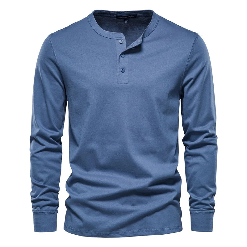 Camiseta Cuello Henley Color Sólido Hombre | Manga Larga Alta Calidad | Tallas XS-5XL | Tico Trendy