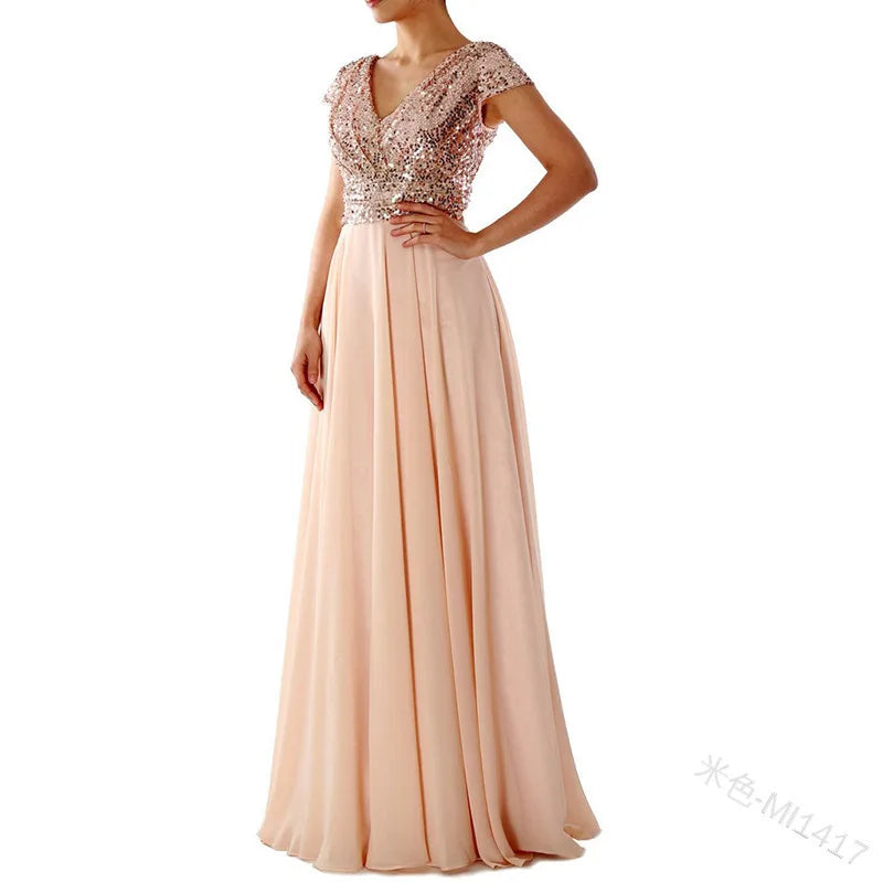 Vestido elegante de gasa con lentejuelas para mujer, cuello en V, dobladillo plisado, lentejuelas femeninas, vestido largo de cóctel para graduación, vestido de noche de boda
