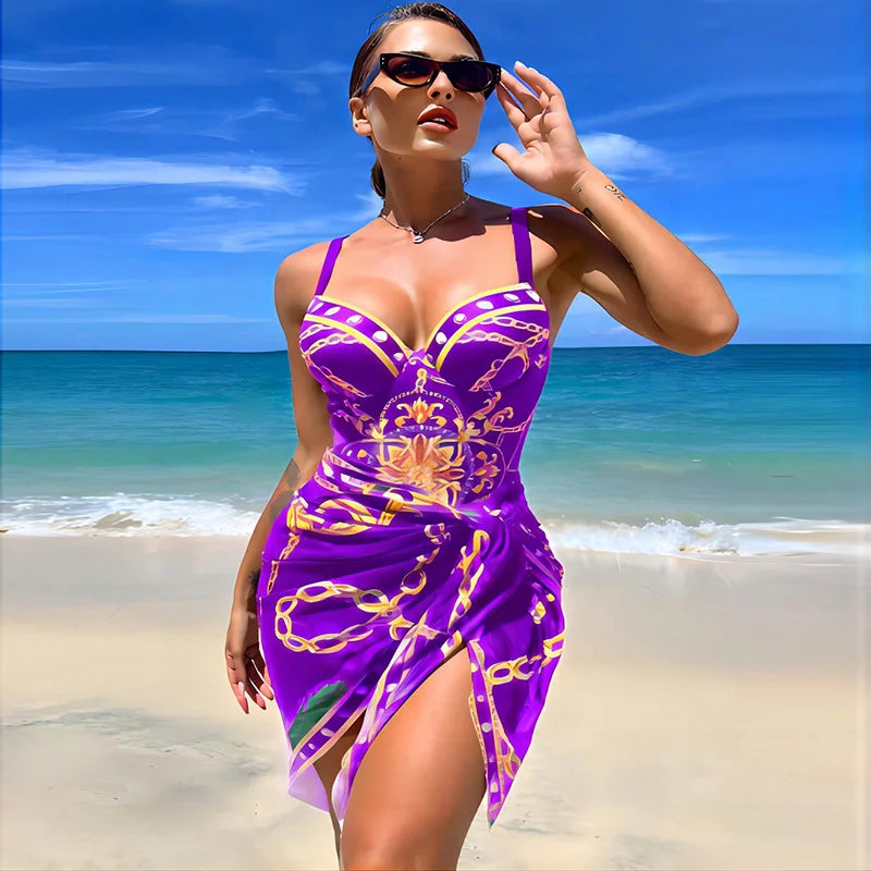 Traje de Baño Push Up con Falda - Estampado de Cadena para Playa y Piscina