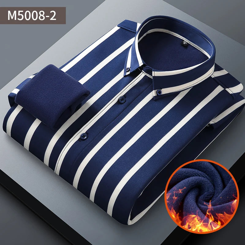Camisa Rayas Terciopelo Hombre | Engrosada Cálida | Negocios Casual | Invierno S-4XL