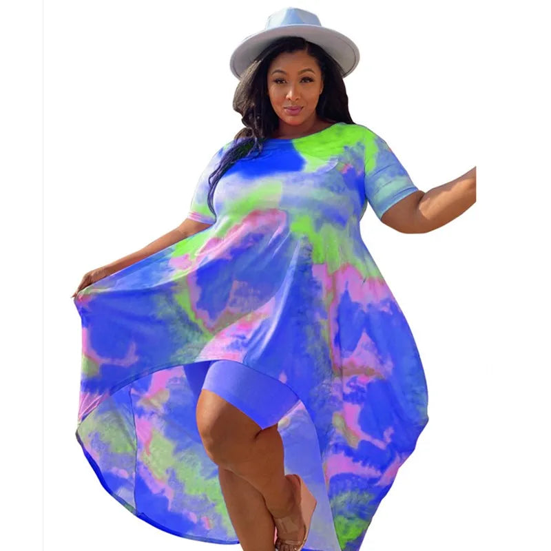 Conjuntos de pantalones cortos de talla grande para mujer, trajes de dos piezas de estilo Tie Dye, Top largo, Leggings cortos, trajes al por mayor, envío directo
