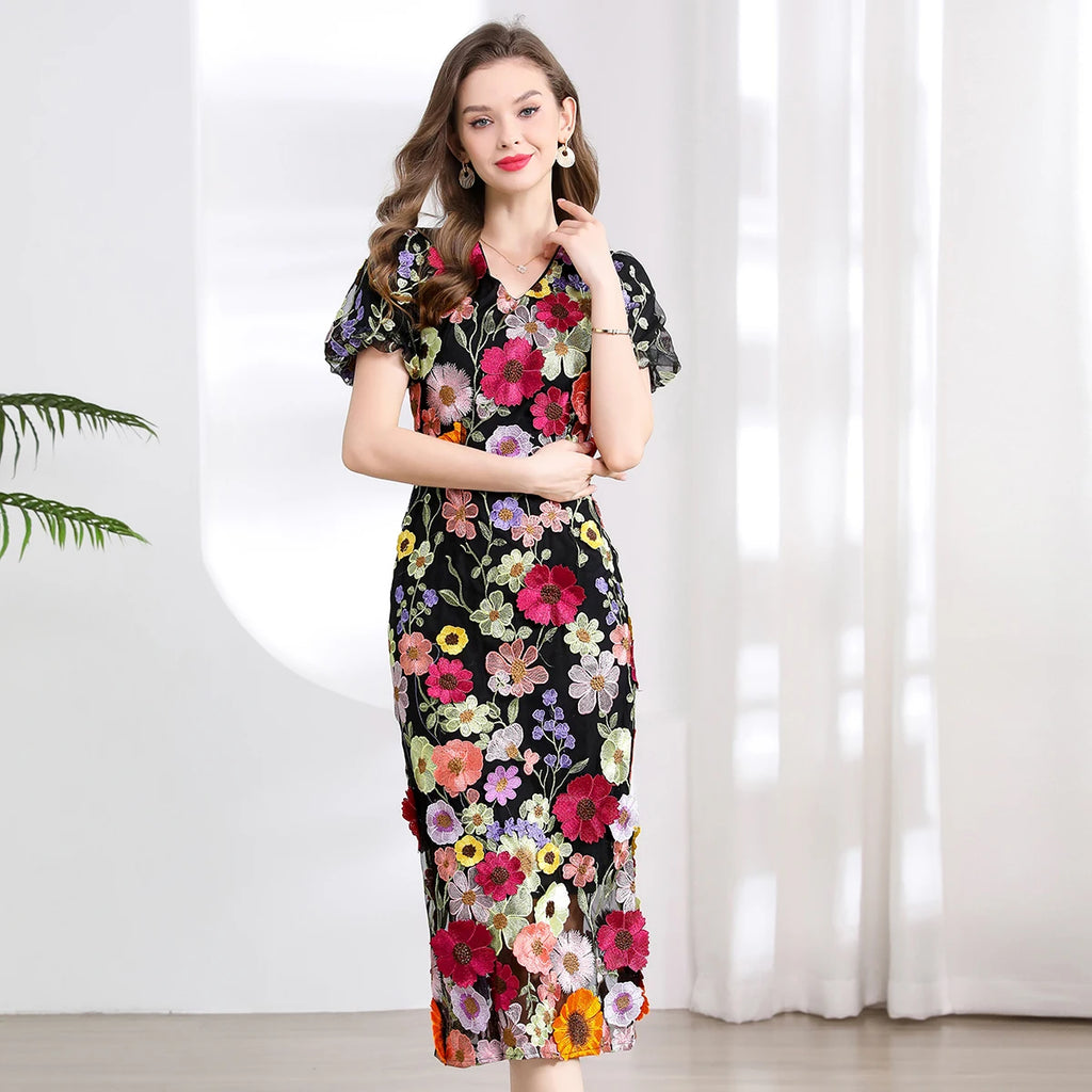 Vestido Fiesta Lujo Bordado Encaje Flores 3D | Cuello V Manga Corta Mitad Pantorrilla