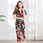 Vestido Fiesta Lujo Bordado Encaje Flores 3D | Cuello V Manga Corta Mitad Pantorrilla