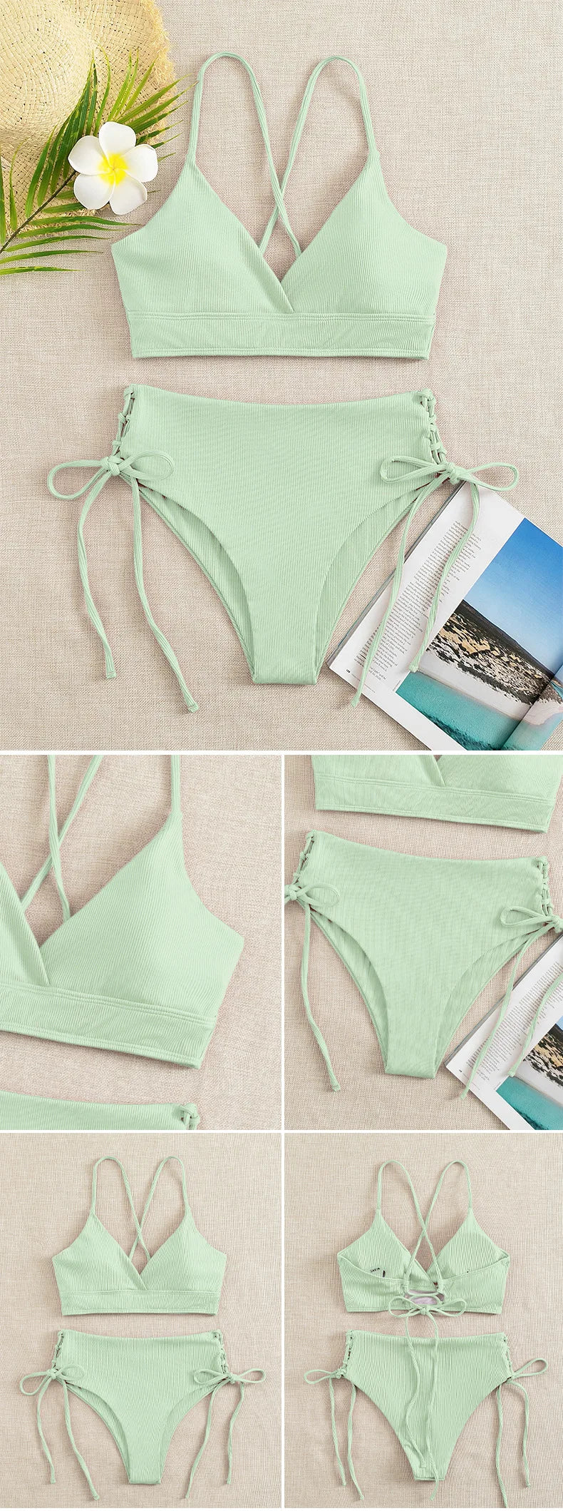 Bikini con Cordones y Cuello en V Profundo - Triangulares