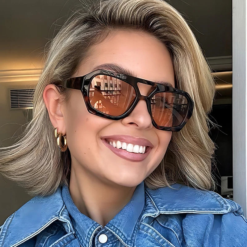 Gafas Sol Retro Doble Puente Montura Grande | Leopardo Té Degradado Moda Casual