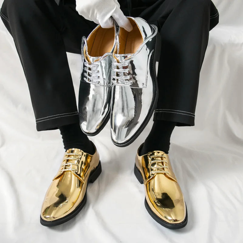 Zapatos Hombre Charol Plateados Lujo Boda Fiesta Punta Puntiaguda | Talla Grande