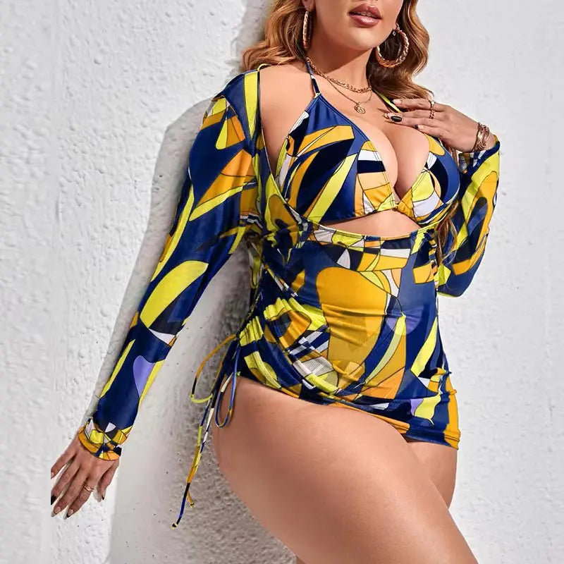 Conjunto de Bikinis de Malla Estampados de Tres Piezas | Traje de Baño de Talla Grande para Playa