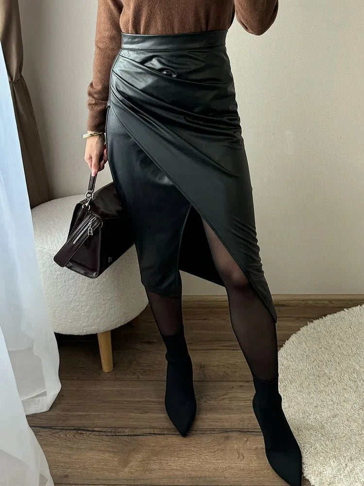 Falda Midi De Cuero Sintético Con Abertura Y Pliegues Sexy