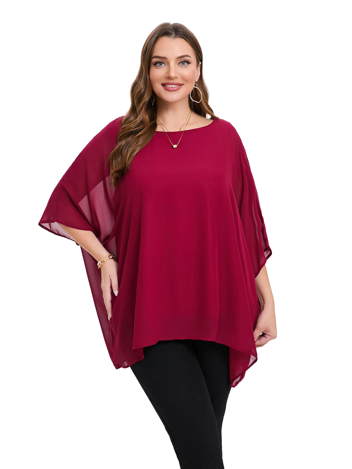 Blusa de Gasa Manga Murciélago Plus Size | Cuello Redondo Holgada | Tallas 2XL-8XL | Tico Trendy