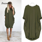 Personalizable gran oferta Otoño Invierno mujer moda bolsillo vestido suelto señoras sólido cuello redondo Casual Tops largos vestido