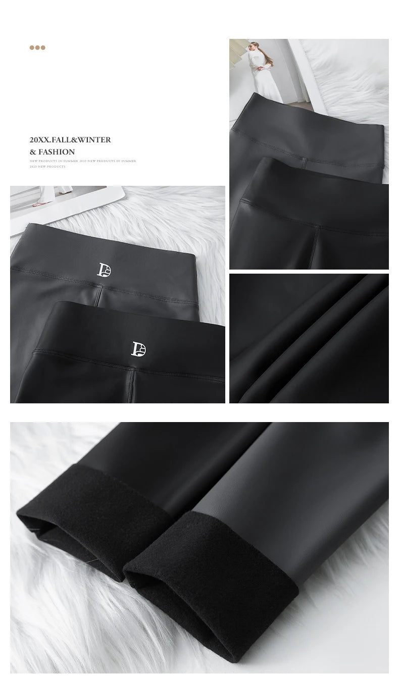 Leggings PU Cuero Invierno | Lana Fina Sexy Ajustado | Cintura Alta Elástico Cálido