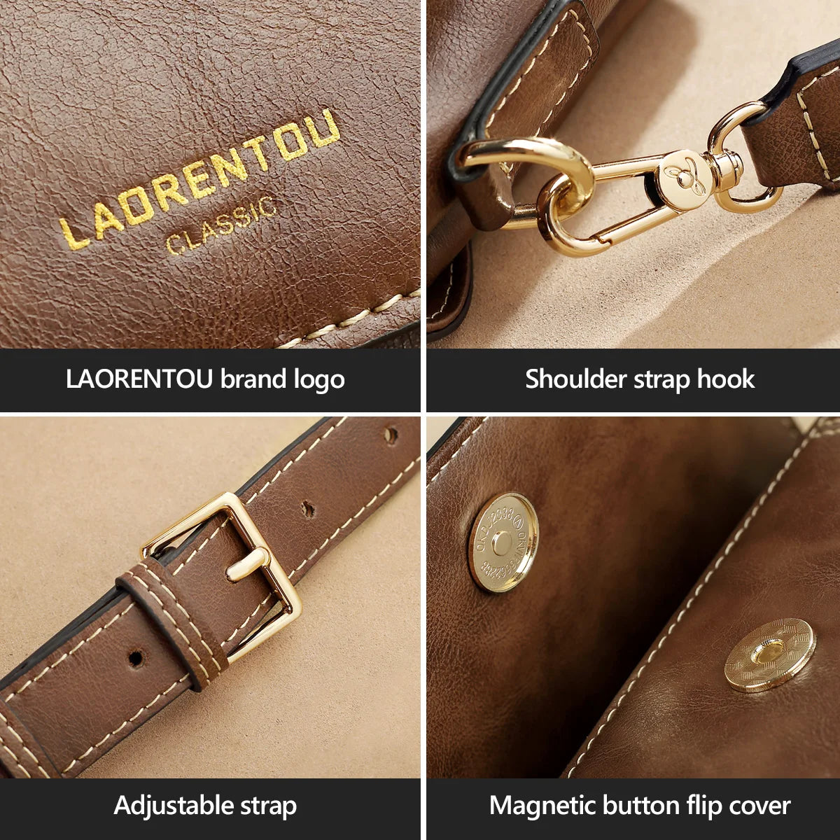 LAORENTOU, bandolera de cuero suave para mujer, moda Retro, bolsos de mensajero de gran capacidad para niña, monederos