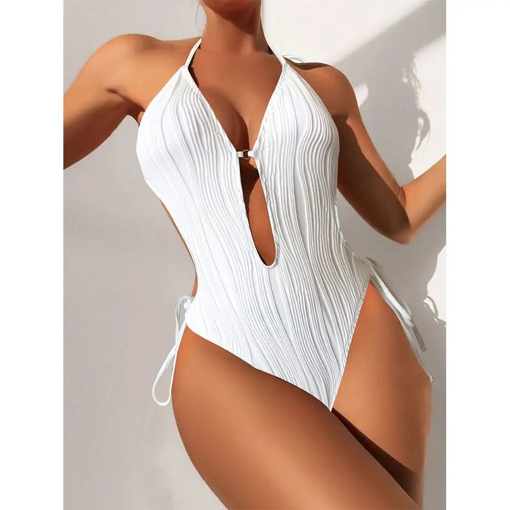 Traje de Baño Una Pieza | Cuello Halter y Lazo Lateral | Monocromático | Verano