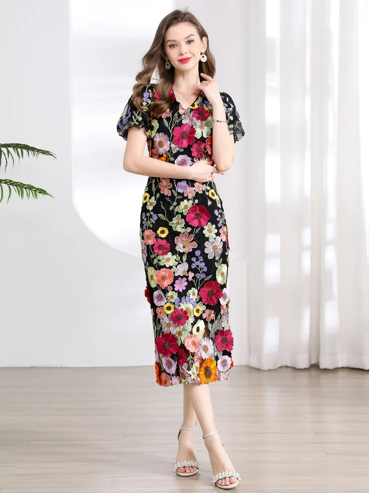 Vestido Fiesta Lujo Bordado Encaje Flores 3D | Cuello V Manga Corta Mitad Pantorrilla