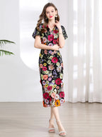Vestido Fiesta Lujo Bordado Encaje Flores 3D | Cuello V Manga Corta Mitad Pantorrilla