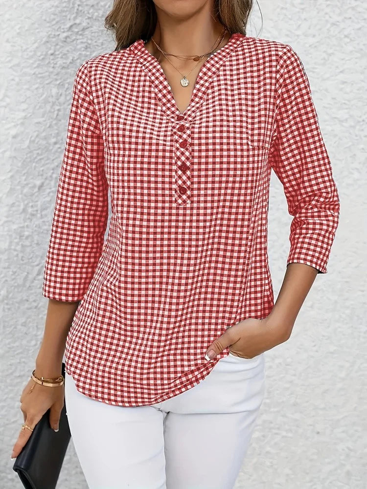 Blusa a Cuadros Finos | Cuello en V | Talla Grande | Tico Trendy
