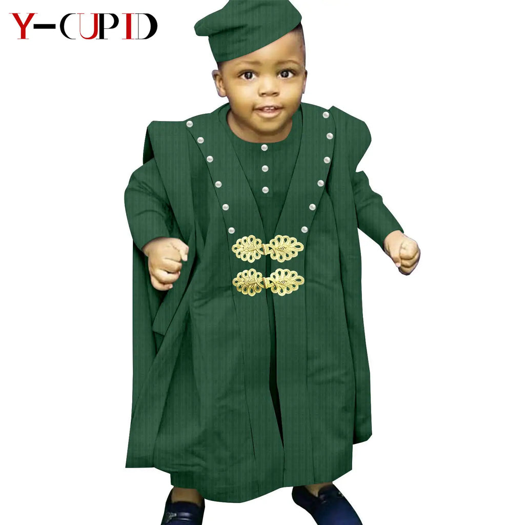 Traje africano Bazin Riche para niño, conjuntos de 4 piezas, camiseta, pantalón, batas y gorro, ropa de exterior Agbada, Y234017