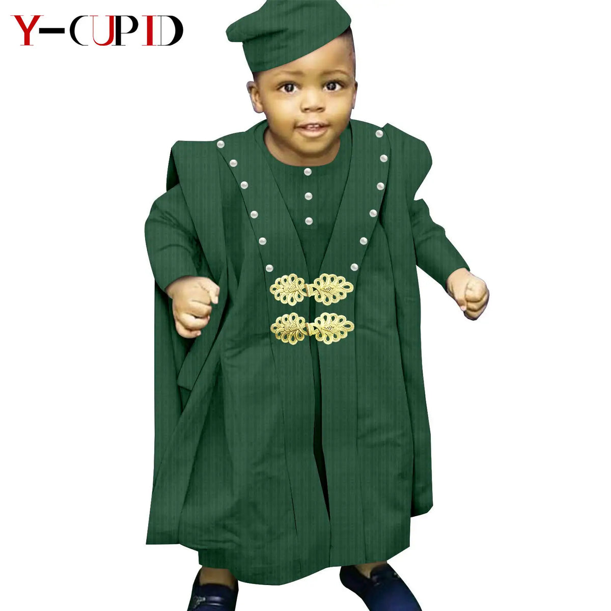 Traje africano Bazin Riche para niño, conjuntos de 4 piezas, camiseta, pantalón, batas y gorro, ropa de exterior Agbada, Y234017