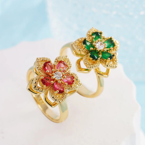 Anillo Flor Giratoria Ajustable | Circón Dorado | Diseño Encantador | Ticotrendy