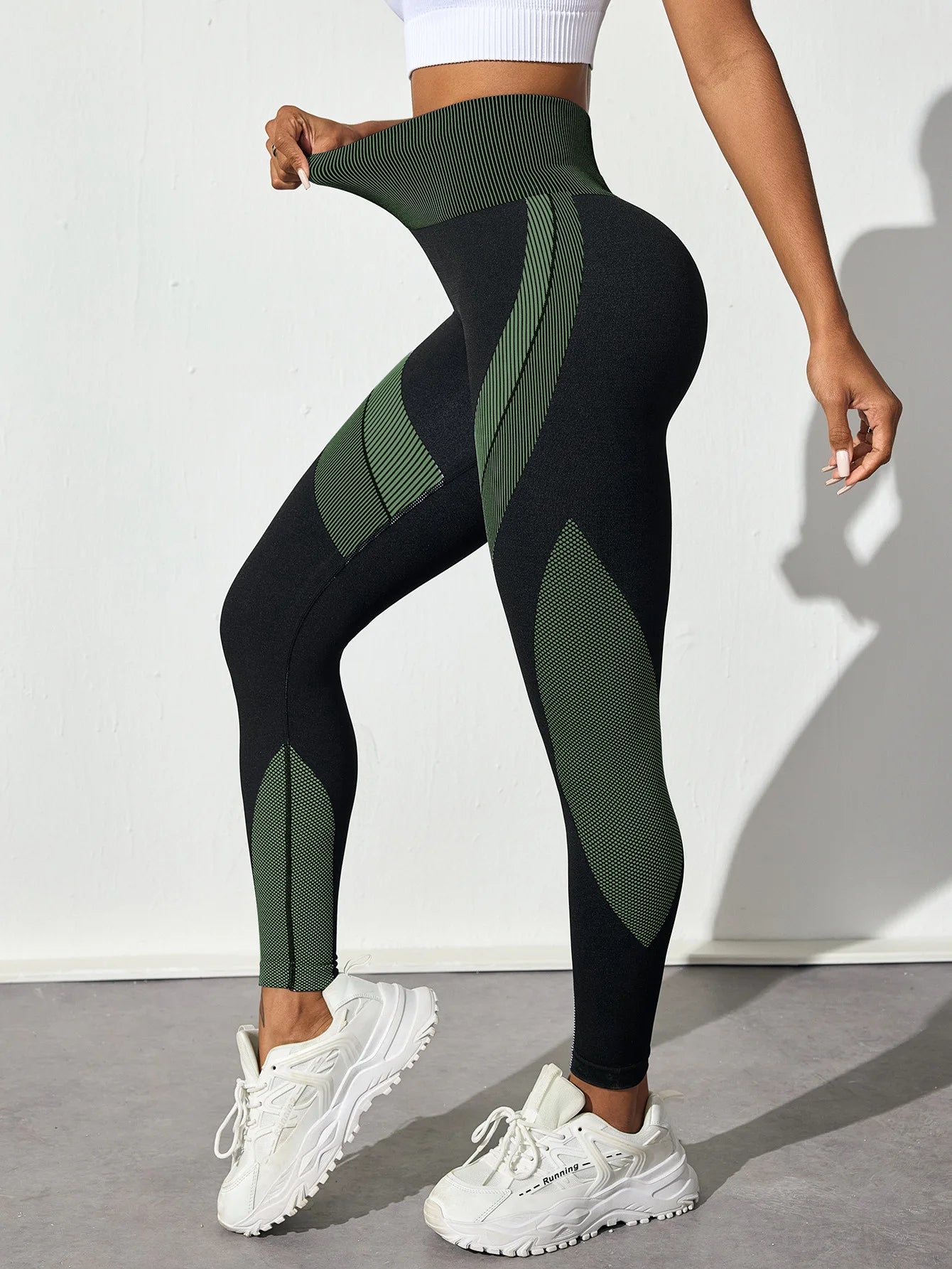 VEQKING Pantalones de yoga sin costuras para mujer, leggings deportivos con contraste de color, cintura alta, pantalones ajustados para gimnasio y Fitness, pantalones de entrenamiento de secado rápido para correr