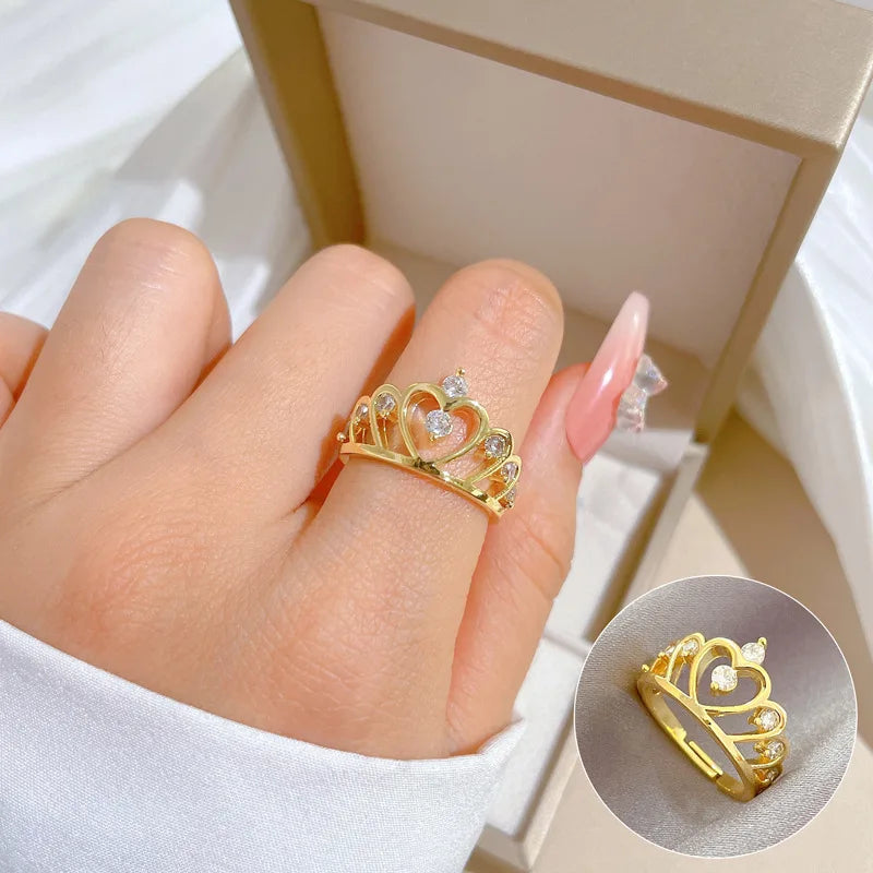 Anillos de corona de circón simples a la moda para mujeres y niñas, anillo de cobre abierto ajustable, regalos de joyería para amigos y amantes