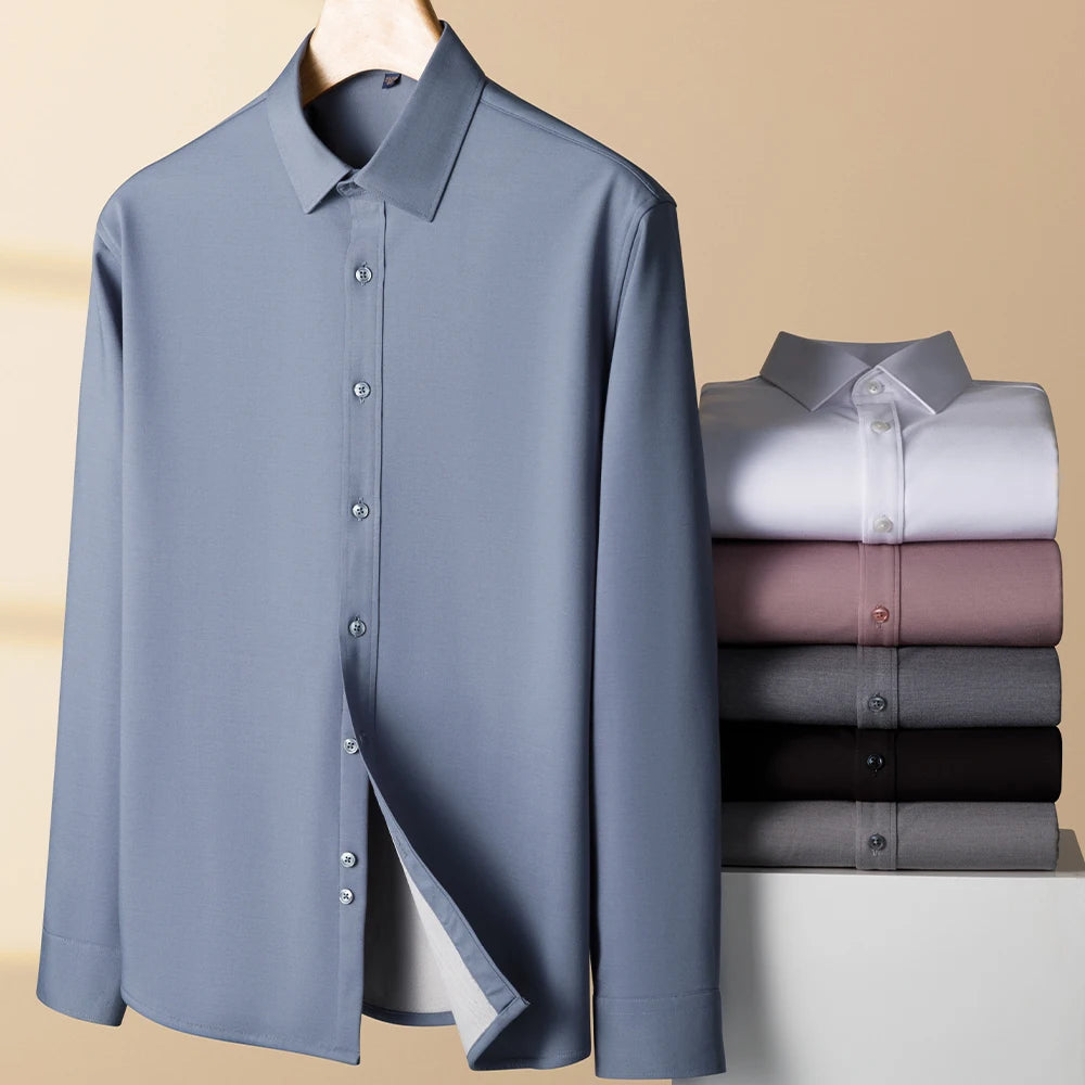 Camisa de Lana Cálida Hombre | Manga Larga | Negocios Casual | Color Sólido Suave
