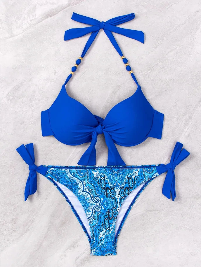 Bikini de Neón con Lazo Lateral y Estampado de Cachemira Push Up