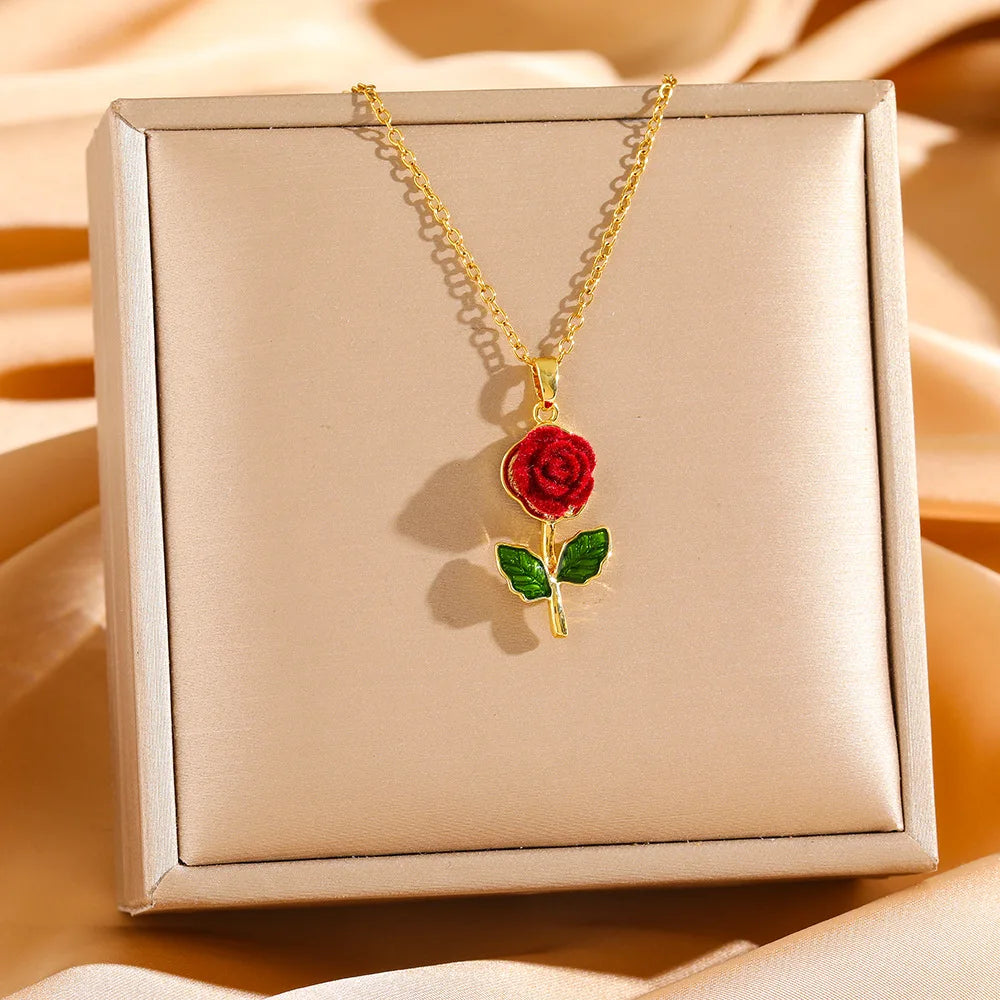 Cadena de acero inoxidable, collares con colgante de flor de rosa roja Vintage para mujeres y niñas, accesorios de joyería elegantes Y2k, regalos para amantes
