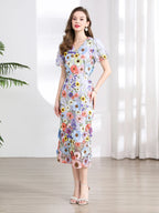Vestido Fiesta Lujo Bordado Encaje Flores 3D | Cuello V Manga Corta Mitad Pantorrilla