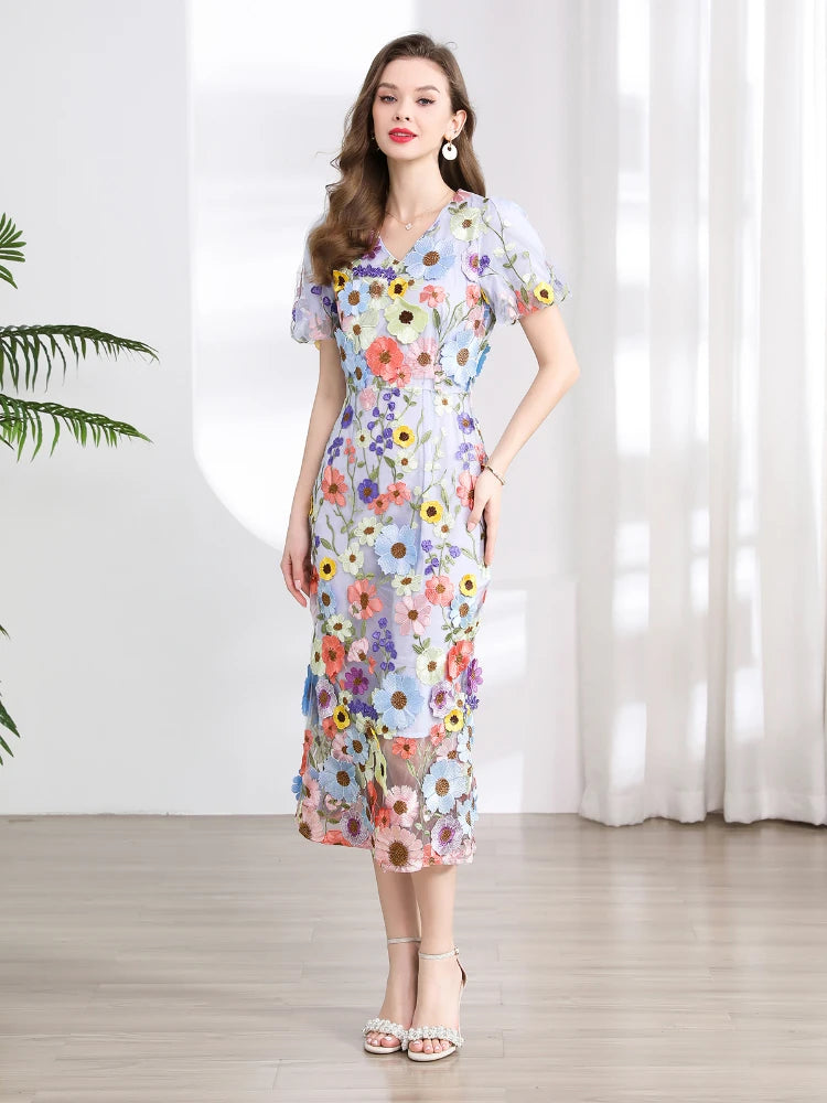 Vestido Fiesta Lujo Bordado Encaje Flores 3D | Cuello V Manga Corta Mitad Pantorrilla