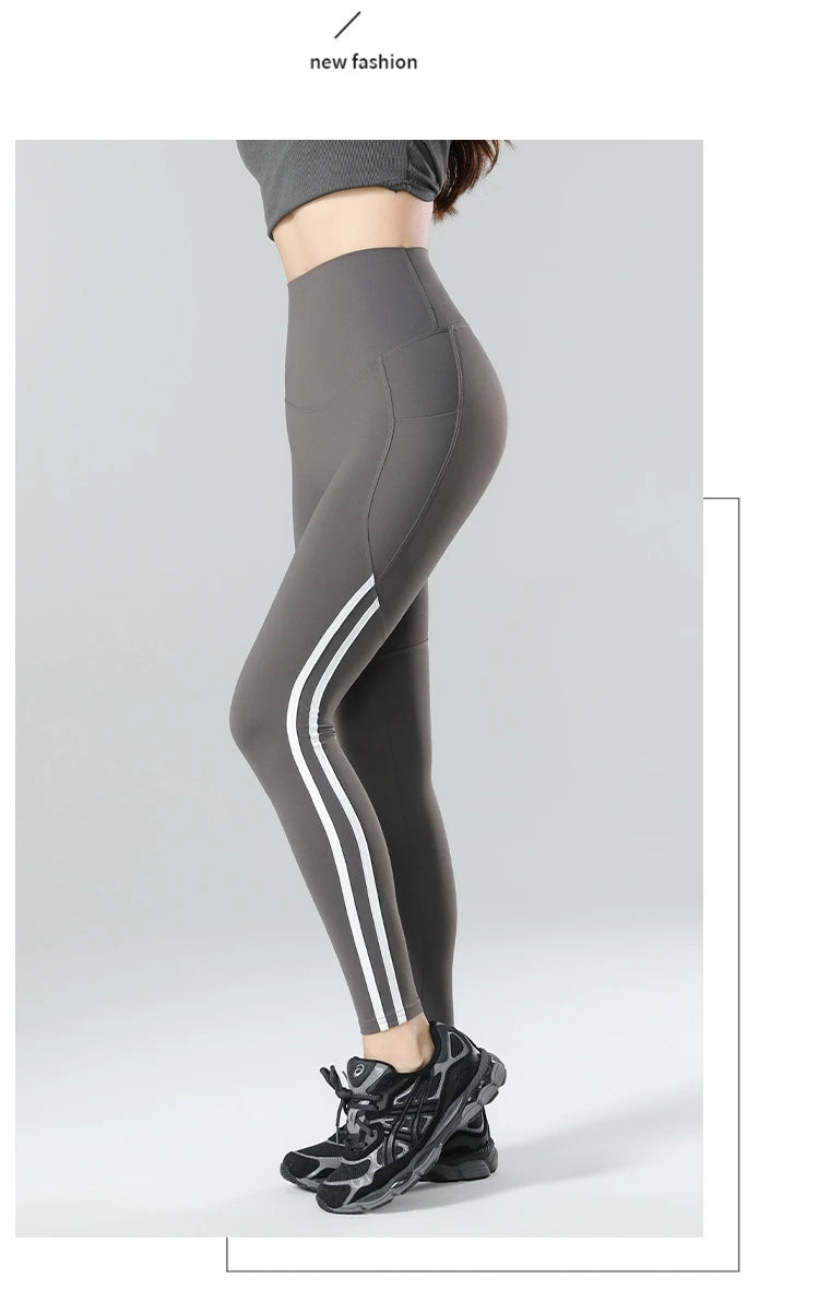 Mallas Piel Tiburón Raya Bolsillo | Cintura Alta Ajustado Fitness | Yoga Ciclismo Correr Otoño | Ticotrendy