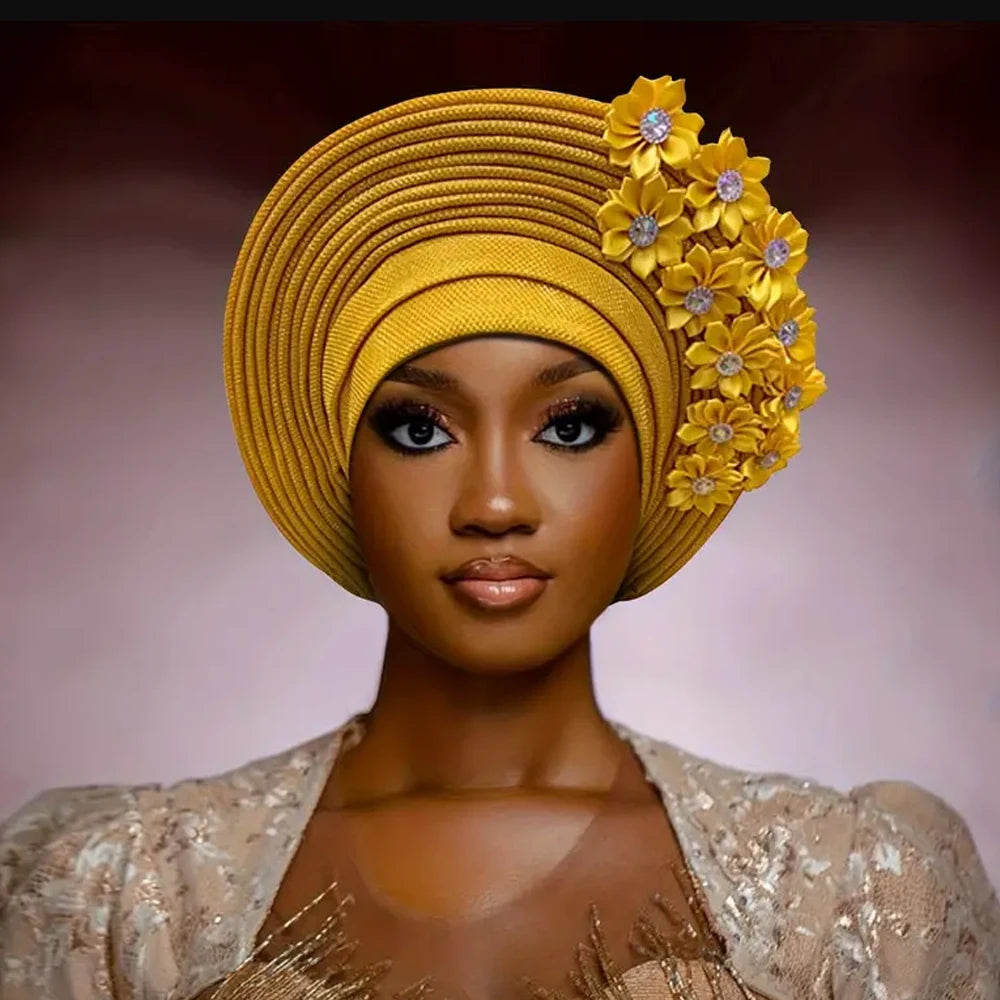 Turbante Africano con Flores, Auto Gele para Mujer