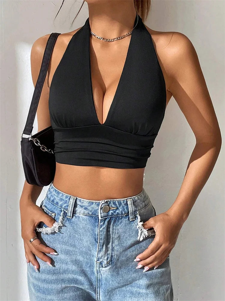 Top sin mangas con espalda descubierta y escote en V profundo para mujer, Top corto Sexy de Color liso para fiesta y Club, ropa de calle Y2K 2024