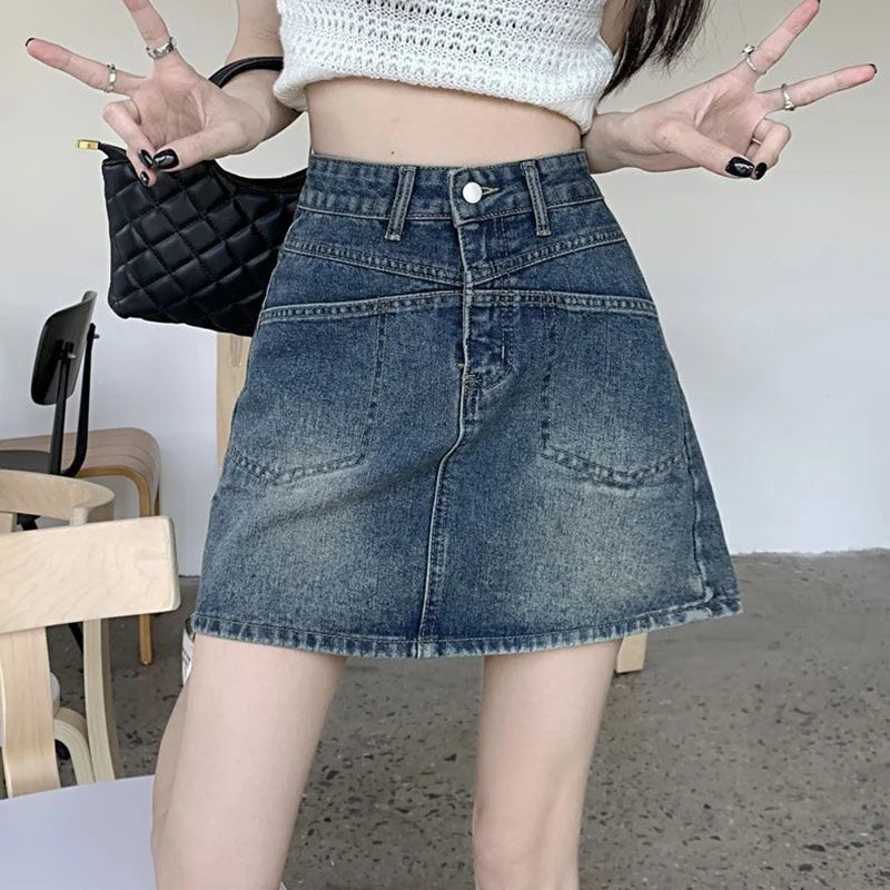 Falda Mini Vaquera Acampanada Cintura Alta | Estilo Coreano Casual Bolsillos