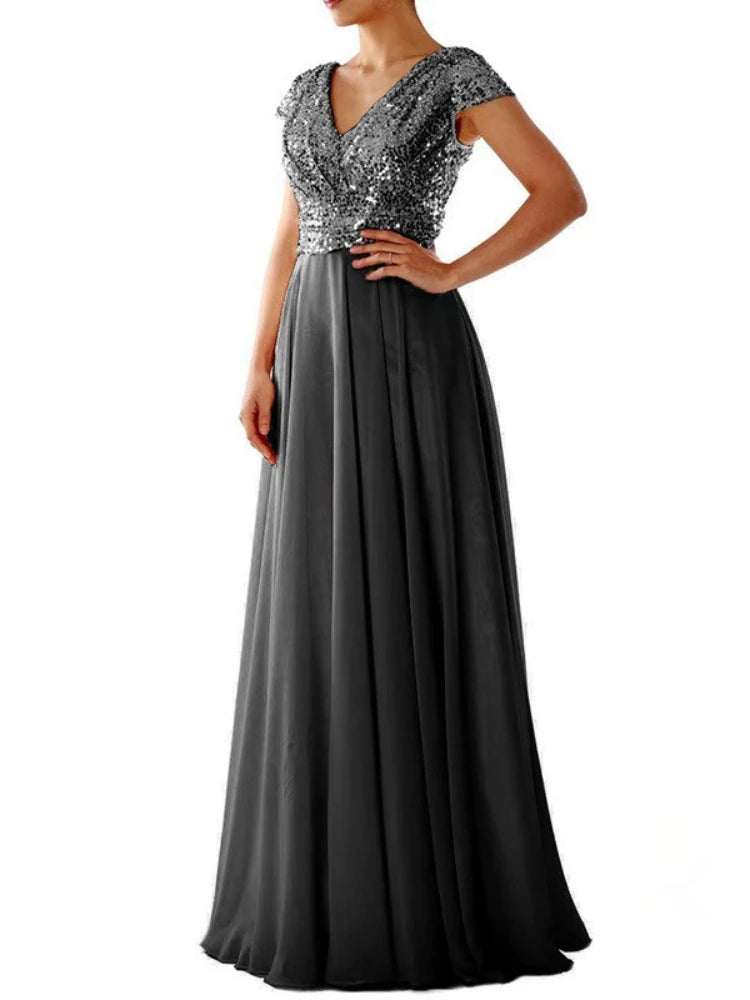 Vestido Cóctel Gasa Plisado Elegante Lentejuelas | Cuello V Formal Longitud Suelo