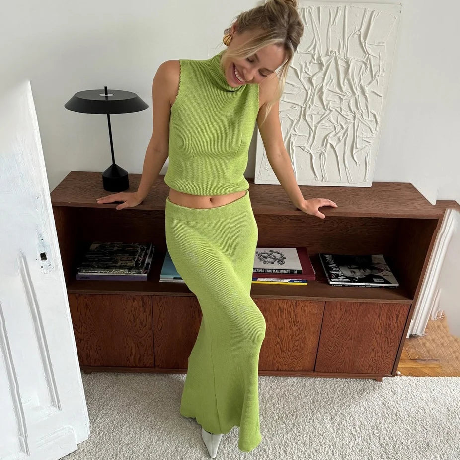 Conjunto de Falda Larga y Top de Punto | Cuello Alto | Elegante