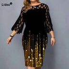 "Vestido Midi con estampado de retazos de encaje de talla grande, manga de tres cuartos, paquete de cadera, vestido de fiesta de gran tamaño