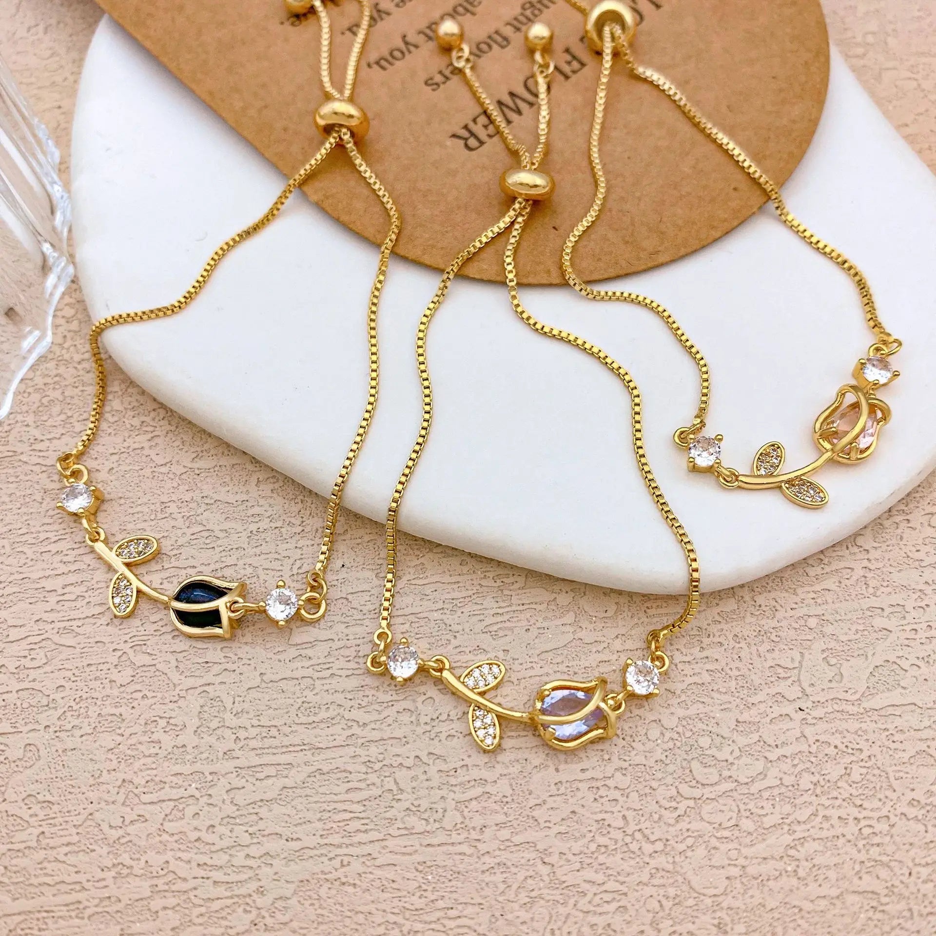 Pulseras con dijes de flor de tulipán y piedra lunar de circón colorido dulce para mujer y niña, joyería de cadena de caja de acero inoxidable ajustable elegante