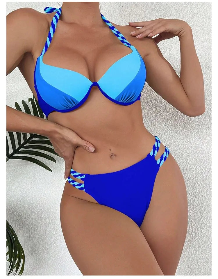 Bikini Push Up Colorblock con Estilo Halter para Playa