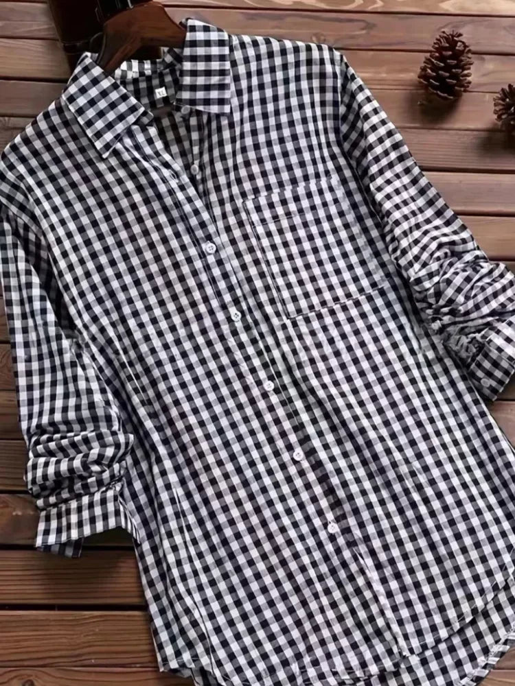 Camisa de Lino y Algodón a Cuadros Plus Size | Manga Larga Cuello V | Tallas 1XL-5XL | Tico Trendy
