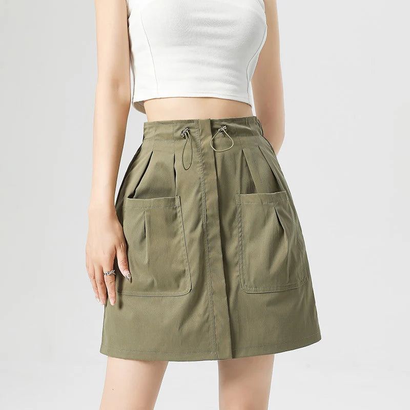 Falda Cargo Con Bolsillos Y Cordón Estilo Retro Americano
