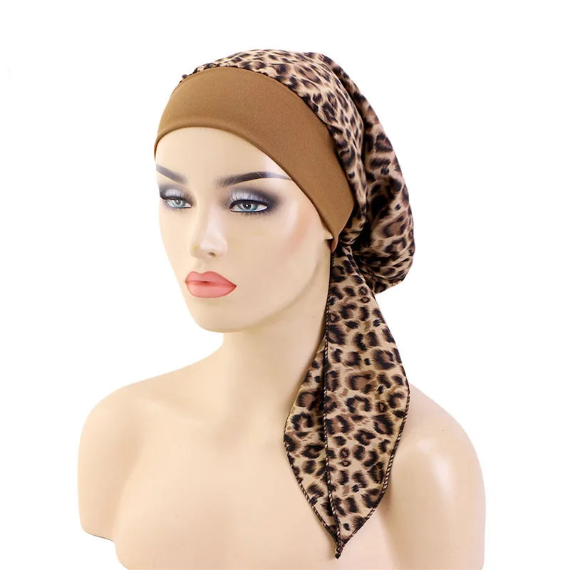 Nuevo pañuelo para la cabeza con estampado satinado para mujer, turbante musulmán elástico preatado, gorro para dormir para quimioterapia, cubierta para la pérdida de cabello, pañuelo para la cabeza