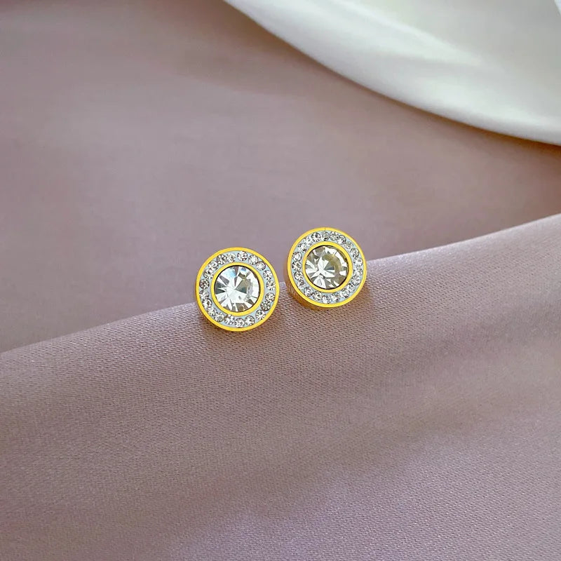 Pendientes redondos de circonita brillante de lujo de acero inoxidable para mujeres y hombres, pendientes geniales brillantes a la moda, accesorios de joyería, regalos