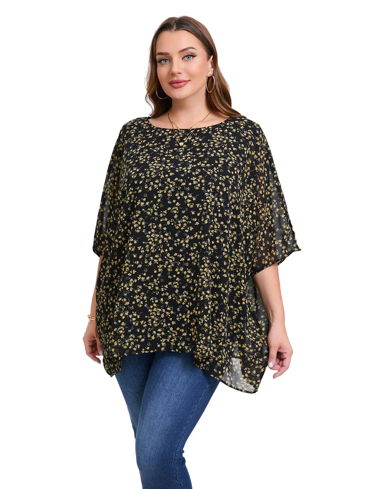 Blusa de Gasa Florales Plus Size | Manga Murciélago Cuello Redondo | Tallas 2XL-6XL | Tico Trendy