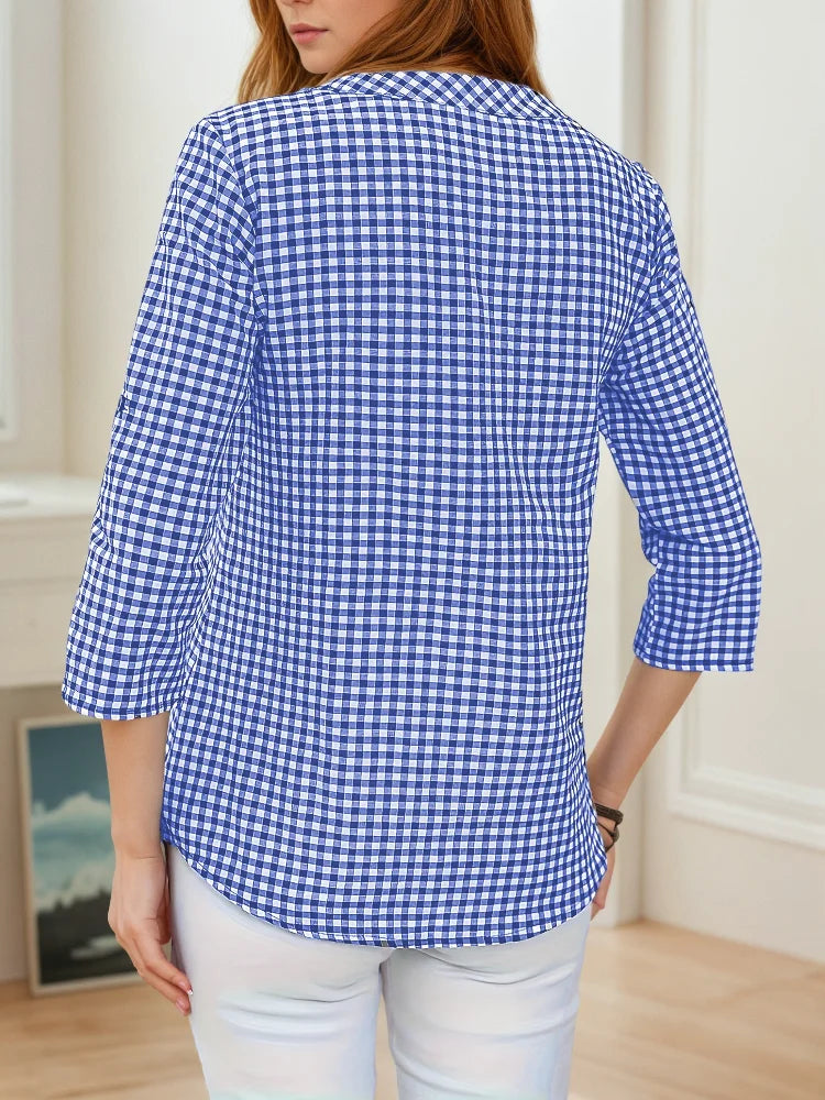 Blusa a Cuadros Finos | Cuello en V | Talla Grande | Tico Trendy