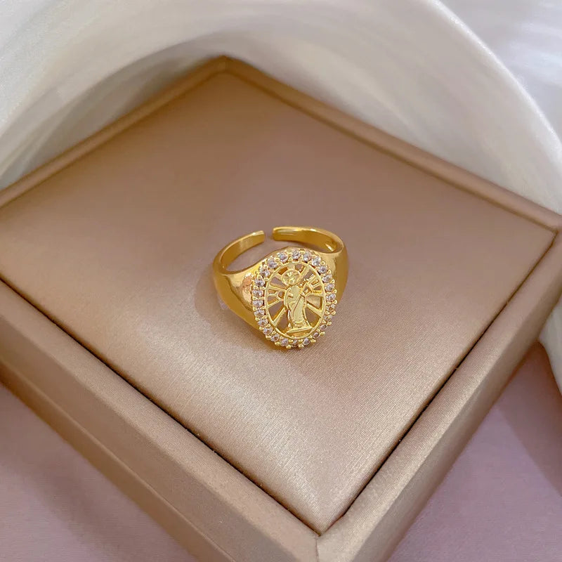 Anillo de Jesús de circón chapado en oro de 18 quilates para mujeres y hombres, anillo de cobre ajustable Vintage que se puede abrir, accesorios de joyería, regalos para amigos