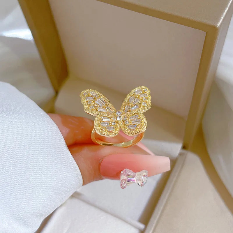 Anillos de cobre de mariposa de circón brillante de lujo para mujeres y niñas, anillo abierto ajustable para dedo, accesorios de fiesta diarios, regalos para amigos