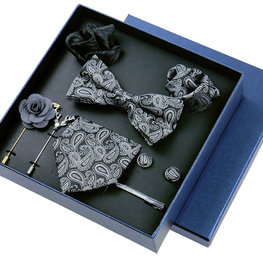 Set De Corbata Pajarita Pañuelo Gemelos Regalo Tico De Lujo